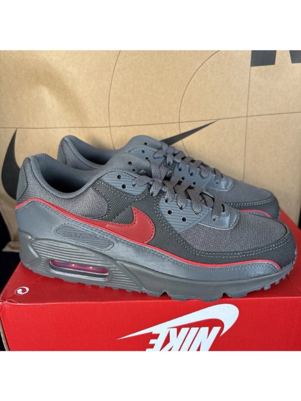 NEW Nike Air Max 90 PRM Iron Grey University Red HV4517-001 Men Size 8
